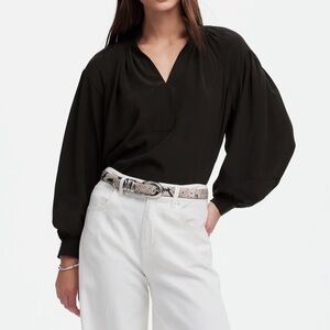 Madewell Shirred Long Sleeve Silk Top in true black size Small NWT